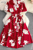 Women Printed Dress Elegant Turn-Down Collar Short Sleeve High Waist A-Line Red/Blue/Purple Slim Vestidos New