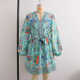 Women's Long-Sleeved V-Neck Positioning Floral Dress