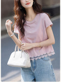 Style Lace Splicing Design Short-Sleeved T-Shirt 2025 Summer New Age-Reduce Round Collar Small Short