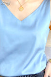 Women Silk Blouses Women Satin Tops Woman Sleeveless Blouse Tops Woman Satin V-neck Blouse Ladies Tops Basic OL White