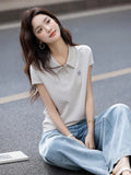 Style Temperament Fashion Age-Old Polo Collar Embroidered Short-Sleeved T-Shirt Women 2025 Summer New Simple Wind