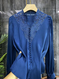 V Neck Shirts Long Sleeve Embroidery Blouse Women Hollow Out Tops Spring 2023 Office Lady Solid Loose Clothes New
