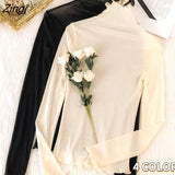 Women Summer Fashion Slim Pile Collar Simple Solid Stretchy Long Sleeve Tops Korean Style All-match Edible Tree