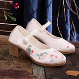 Zingj Heel Square With Women's Shoes A Word Buckle Shallow Spring And Summer New Embroidered Cloth Shoes With Horse Face Skirt High Heel Embroidered