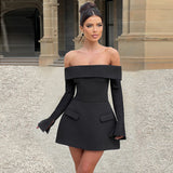 Women's Clothing New Fashion Temperament Bare Back One-Word Collar Straight Long-Sleeved A-Character Dress
