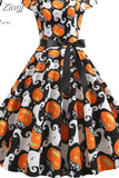 Women Short Sleeve Print Vintage Halloween Party Midi 50s 60s Casual Elegant Summer Floral Dresses Robe Femme