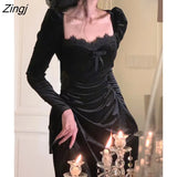 Autumn Black Velvet Midi Dress Casual Korean Fashion Elegant Party Dress Woman Long Sleeve Vintage Lace Dress Slim