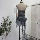 Shooting Round Neck Fluttering Dye Printing Irregular Lotus Leaf Side Mesh Slings Slings Sleeveless Top