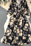 Women Vintage Printed Dress Elegant V-Neck Puff Sleeve High Waist A-Line Midi Robe Female Vacation Beach Vestidos
