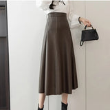 Autumn Winter Women's Skirts Pu Leather Half-length Skirthigh-waist Mid-length A-line Skirt Elegant Splicing Women