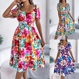 Spring And Summer Leisure Flowers Lead Short Sleeves To Close The Waist Lotus Leaf Side A Dress Women's