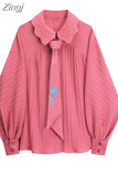 Women's Shirts Fashion Long Sleeve Peter Pan Collar Chic Tops Female Korean Vintage Streetwear Casual Loose Kawaii Pink