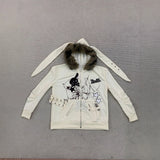 And Winter Street Retro Collar Rabbit Ear Hooded Hoodie Jacket Y2K Printed Female
