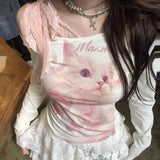 And Spicy Cat Y2k Word Collar Long-Sleeved T-Shirt Girl Spring And Autumn Shoulder Lace Splicing Bottom Shirt