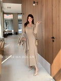 Xixi 13 Line 2025 Autumn White Standard Temperament Pure Color Knitted Dress Showing Thin High Waist Long Dress