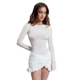 Autumn Women's New Fashion Round Neck Long Sleeves Folded Taut Knot Short Bag Hip