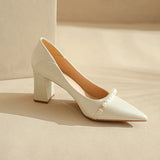 Women 2025 Spring New Fashion Sharp Thick Heel Shoes Korean Version Of Pearl Comfortable Satin Shallow Mouth Single