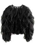 Elegant Short-Colored Women's Top 2025 Autumn And Winter New High-End Splicing Multi-Layer Mesh Shirt