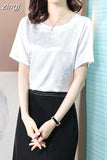 Women's Blouse Satin O-Neck Short shirts Pretty and Cheap White Print Silk Fashion Women Blouses 2023 Elegant Summer Female
