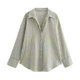 2025 New Women's Long Sleeve Lapel Loose Striped Silk Shirt