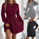Autumn And Winter Pure Color Lantern Long-Sleeved Sweater Skirt A Dress Women's