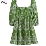 Women Vintage Square Collar Hollow Out Embroidery Mini Shirt Dress Female Chic Puff Sleeve Pleats Vestidos Mujer