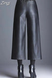 Size Pu Faux Leather Wide Leg Ankle-length Pants Women Baggy Black Shiny High Waist Womens Loose Pant 2023 Korean