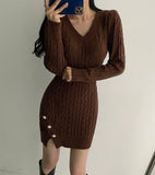 Button Dress for Women Korean Fashion Casual Slim V-Neck Solid Long Sleeve Knitting Mini Dresses Autumn Winter