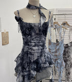 Shooting Retro Tie-Dye-Print Mesh Sling Sling Sling Vest Irregular Lotus Leaf Edge Ribbon Sleeveless Top