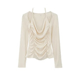 Chic Shoulder-Exposed Shoulder Collar Long-Sleeved T-Shirt Women's Early Autumn New Pleated Thin