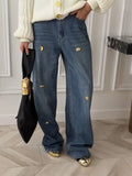 Temperament Harajian Metal Decorative Trousers 2025 Autumn New Retro Loose Jeans Women's