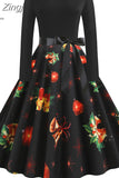 Women Christmas Dress 2023 Winter Long Sleeve Black Print Elegant Vintage Party Dresses Robe Femme