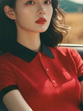 Splicing Bump Color Collar Knitting Shoulder Short-Sleeved T-Shirt Vertical Texture Thin Summer Women's Korean