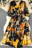 Women Vintage Printed Dress Elegant V-Neck Puff Sleeve High Waist A-Line Midi Robe Female Vacation Beach Vestidos
