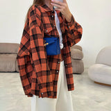 Zingj New Vintage Plaid Shirt Women's Casual Plaid Top Versatile Lapel Loose Medium Long Shirt-Outfit