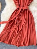 Solid Green/Blue/Yellow Casual Dress Elegant Sleeveless Round Neck Sashes Dresses Vintage 2023 New Fashion Vestido
