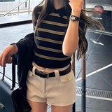 Lesier Striped Knitted Short-Sleeved T-Shirt Niche Gentle High Wisdom To Reduce The Sense Of POLO Collar Blouse Woman