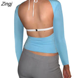 Women Trendy T-Shirt Sexy Solid Color Long Sleeve Fitted Cutout Open Back Going Out Tops Streetwear for Females
