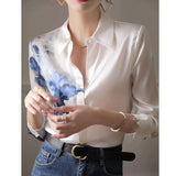 New Vintage Ink Printing Chiffon Shirt Turn-down Collar Long Sleeve Satin Blouse Women Summer Korean Style Casual