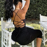 Zingj New Women's Summer Sexy Neck Back Tie Dress Solid Color Long Dress