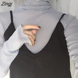 Women Summer Fashion Slim Pile Collar Simple Solid Stretchy Long Sleeve Tops Korean Style All-match Edible Tree