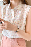 Women's Blouse Floral Elegant Shirt Sleeveless Tank Tops Blouses Chiffon Female Clothing Office Lady Shirts and