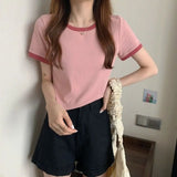 Zingj Color Round Collar Short-Sleeved T-Shirt Female 2024 New Summer Bottom Shirt Korean Version Slim Short Student Top