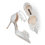 Shoes Women's Pearl Straps High-End Squint Crystal Shoes Silver French High Heels High Heels Do Not Tired Wedding