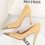 Shoes Black Leather Shoes Woman Pumps Metal Pointed Toe High Heels Stiletto Sexy Party Shoes Women Heels Plus Size 42