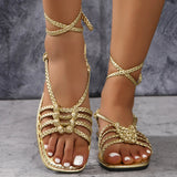 Foot Ring Strap Flat Sandals Woman New Woven Belt Toe Golden Sand Cool