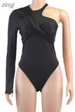 Slim High Waist Irregular Bodysuit Sexy Backless Twist Bodysuits Streetwear One Shoulder Long Sleeve Tops Club Party