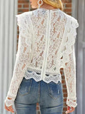 Blouse Women long sleeve White Hollow Out Shirt Ladies Elegant Long Sleeve Zipper tops Office Lady Fashion Blusas