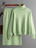 Zingj Women Gentle Knitted Suits Turtleneck Long Sleeve Loose Pullover+Elastic Waist Bodycon Skirt Winter Fashion Solid Sets 211-0-Outfit