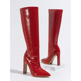New Coarse Heel Medium Cylinder Elastic Inner Zipper Diamond Irregular Fashion Stone-Print Pointed Female